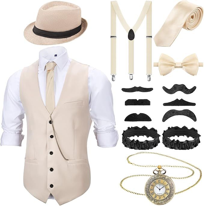 SATINIOR 1920s Mens Costume 20s Halloween Cosplay Accessories Outfit with Gangster Vest Fedora Ha... | Amazon (US)