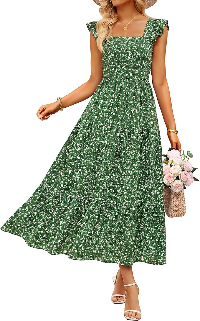 ZESICA Women's Summer Boho Floral Midi Dress 2026 Casual Ruffle Cap Sleeve Beach Wedding Guest Fl... | Amazon (US)