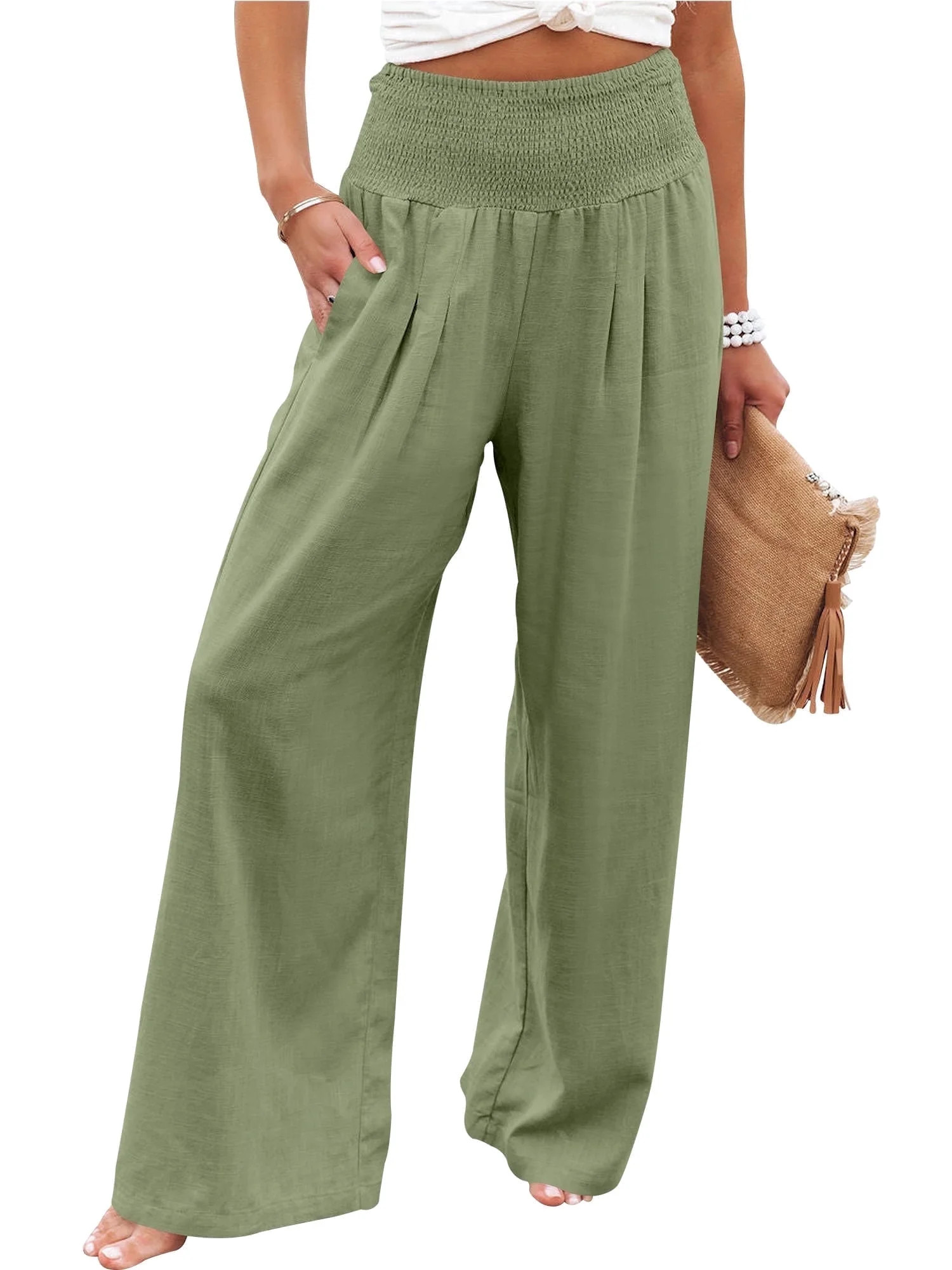 ANRABESS Linen Wide Leg Pants for Women Summer Boho High Waist Palazzo Pants Beach Lounge Casual ... | Walmart (US)
