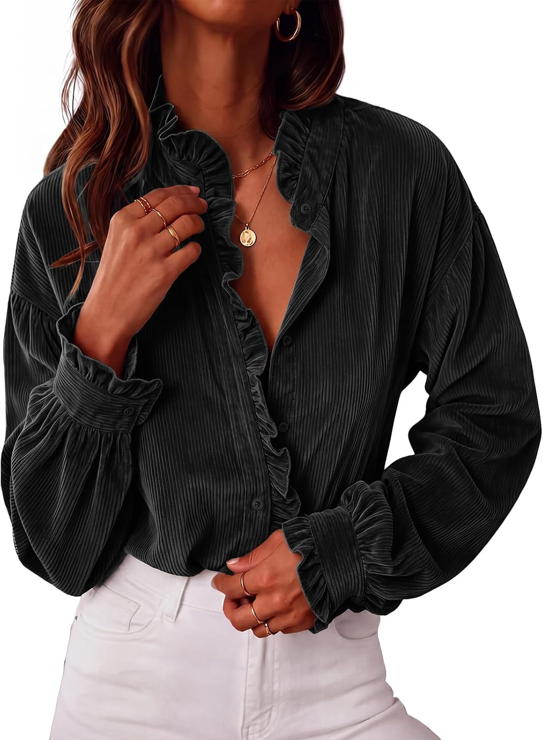 Womens Corduroy Ruffle Shirt Ruffled Button Down Blouses | Amazon (US)
