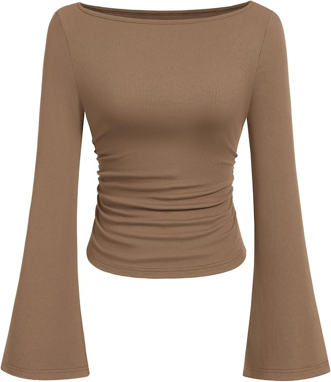 PRETTYGARDEN Womens Long Sleeve Shirts 2026 Spring Crop Going Out Tops Casual Boat Neck Bell Slee... | Amazon (US)
