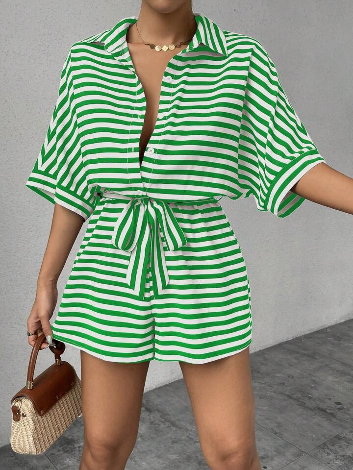 Chiquease Women's Green Striped Casual Romper, Summer Spring Collared Button-Down Short Sleeve Jumpsuit | SHEIN
