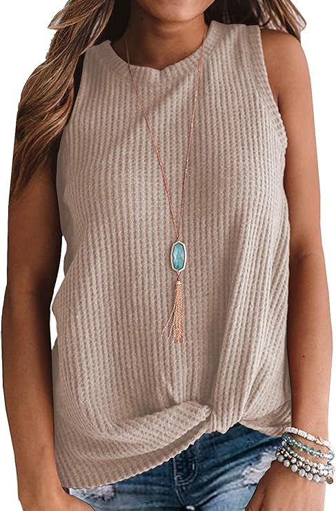 MIHOLL Womens Casual Tops Sleeveless Cute Twist Knot Waffle Knit Shirts Tank Tops | Amazon (US)