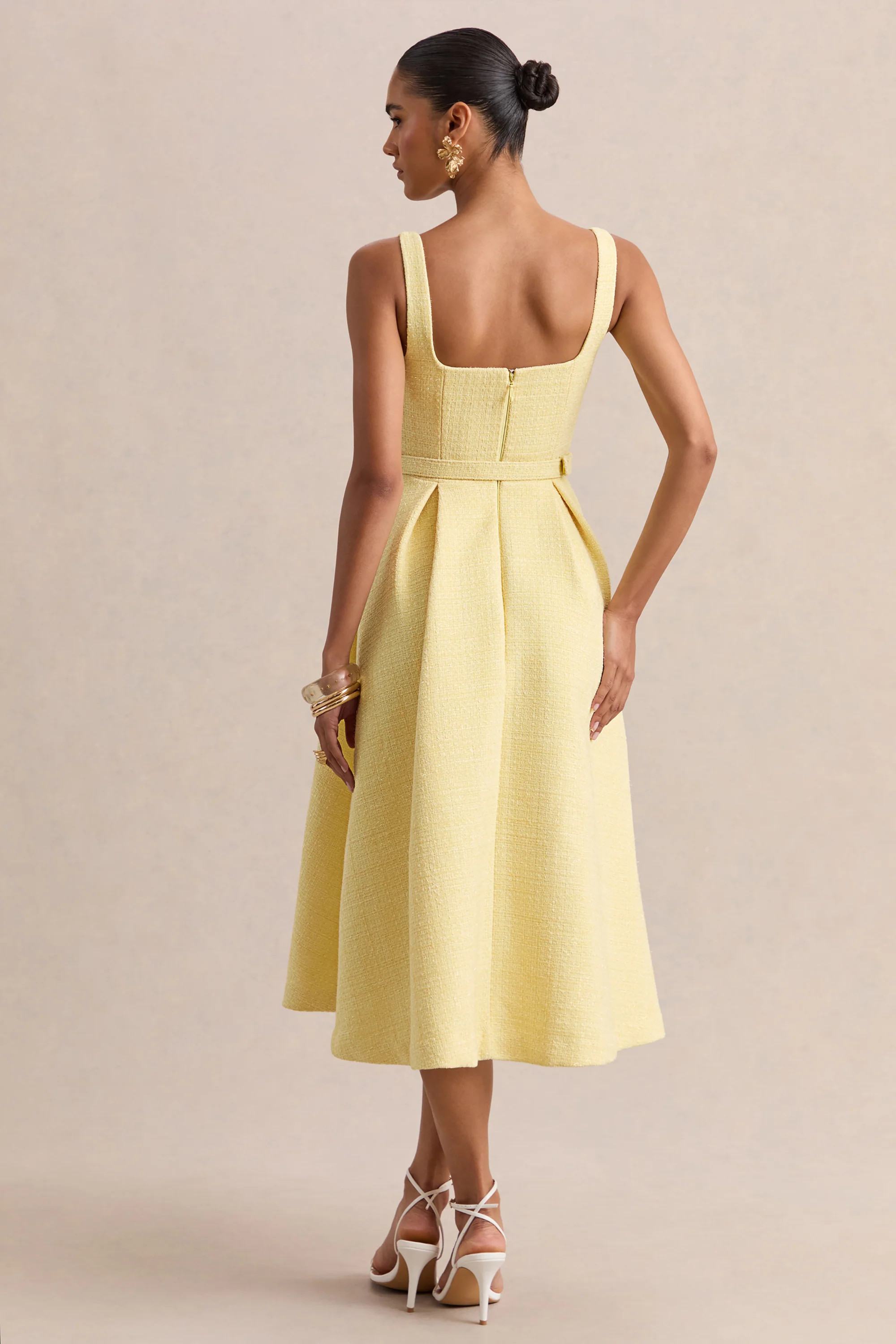 Camoria | Lemon Boucle Square-Neck Midi Dress | Club L London