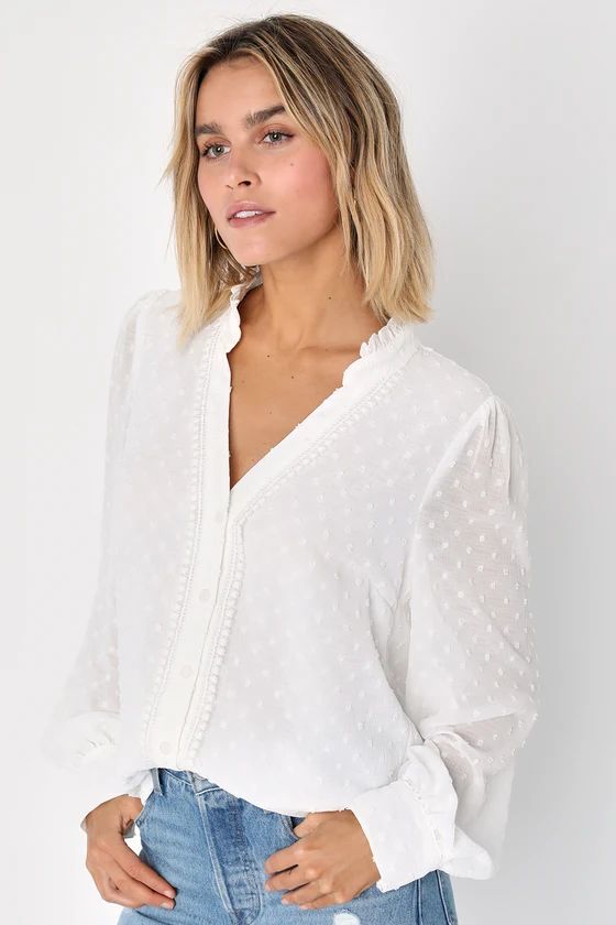 Delightful Charm White Swiss Dot Button-Up Long Sleeve Top | Lulus