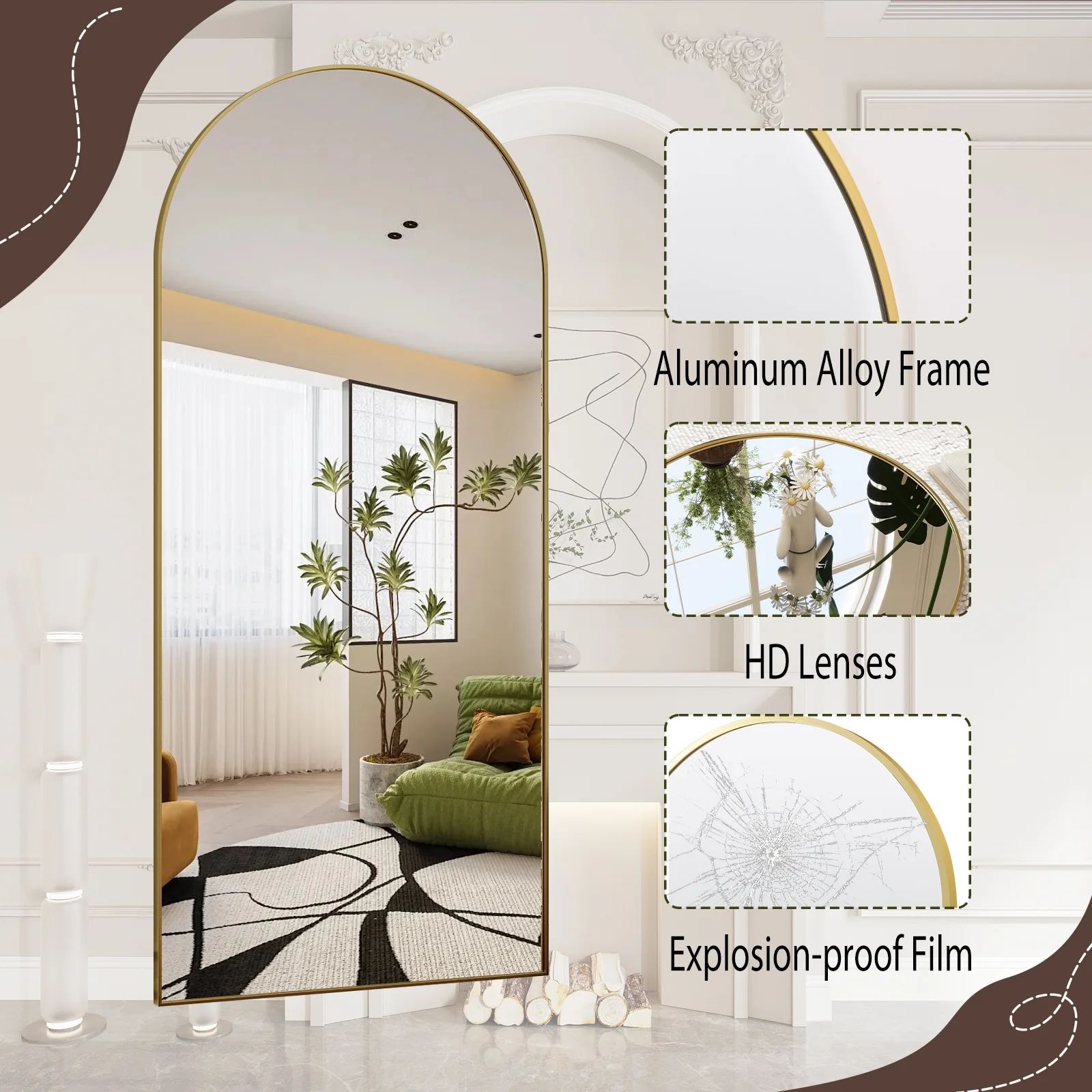 Anyrose 71"x30" Arched Full Length Dressing Mirror Floor Standing Mirror Wall Mounted, Gold | Walmart (US)