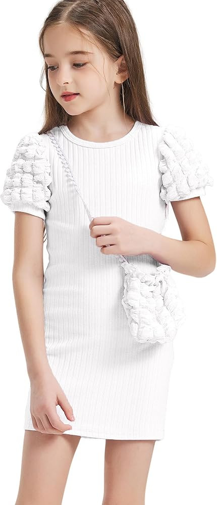 Girls Ruffle Sleeve Knit Fashion Bodycorn Mini Knee Length Dress with Cute Bag for Special Casual... | Amazon (US)