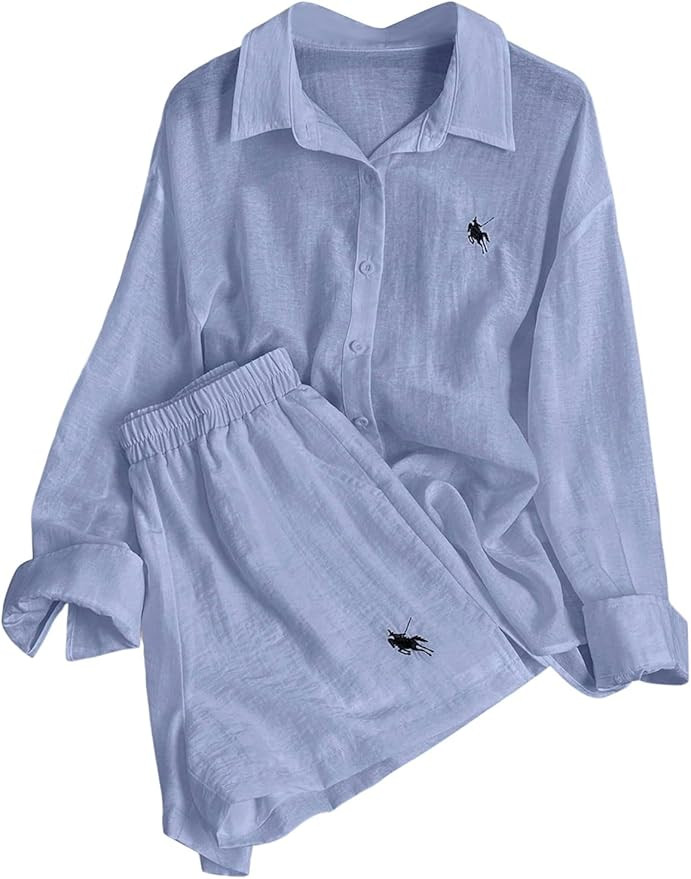 WDIRARA Women's 2 Piece Shorts Outfits Long Sleeve Button Down Shirt Set Leisure Vacation | Amazon (US)