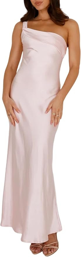 2026 Satin One Shoulder Maxi Dress for Women Summer Silk Formal Elegant Backless Ruffle Sleeveles... | Amazon (US)