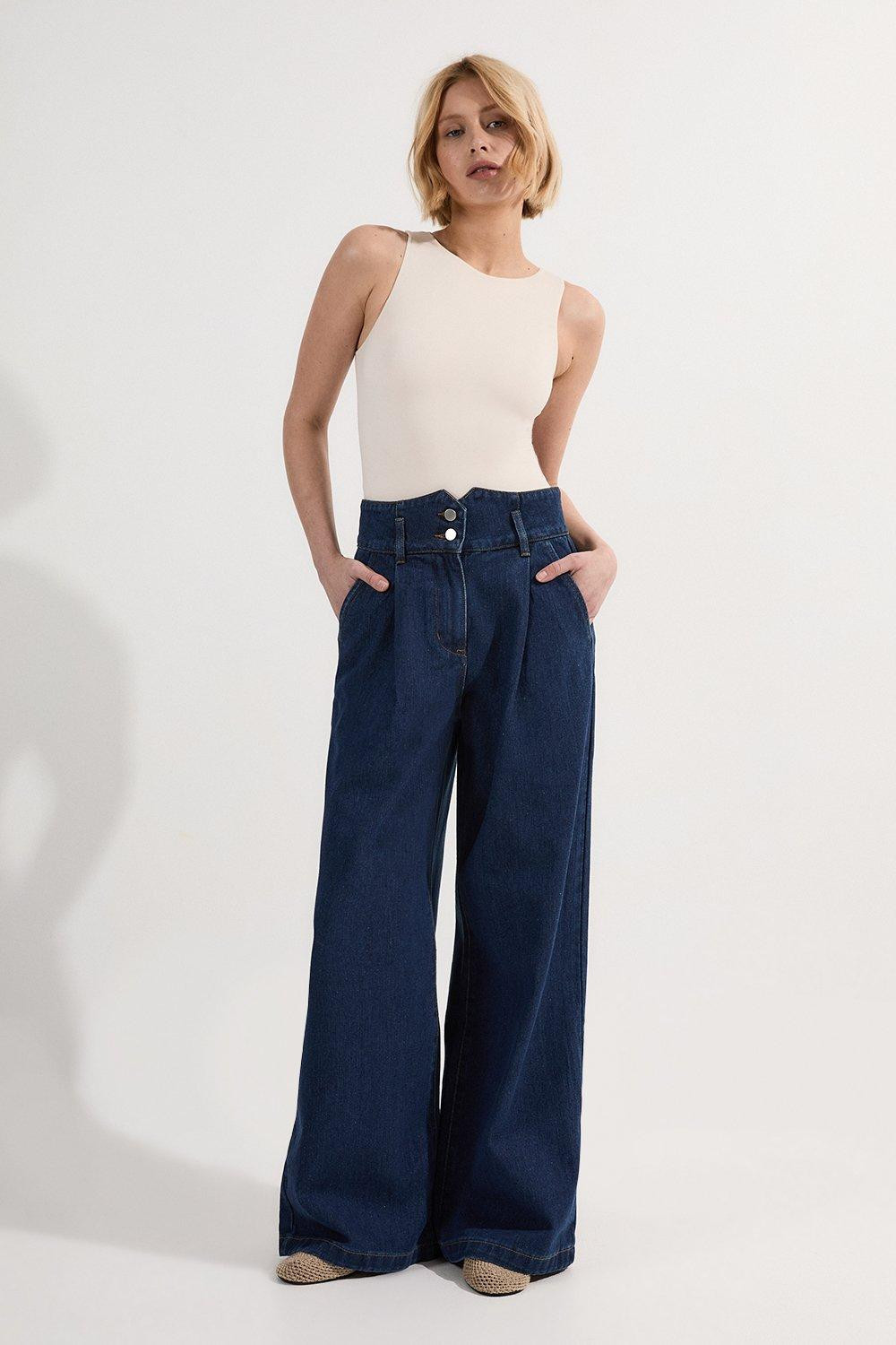 Denim Wide Leg Trousers | Karen Millen | Karen Millen UK + IE + DE + NL