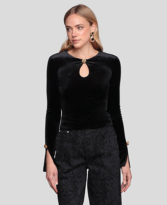 Avec Les Filles Women's Long Sleeve Rose Button Velvet Top - Macy's | Macy's