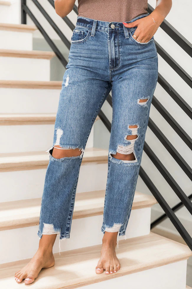Kimmy Raw Hem Medium Wash Distressed Mom Jeans | Pink Lily