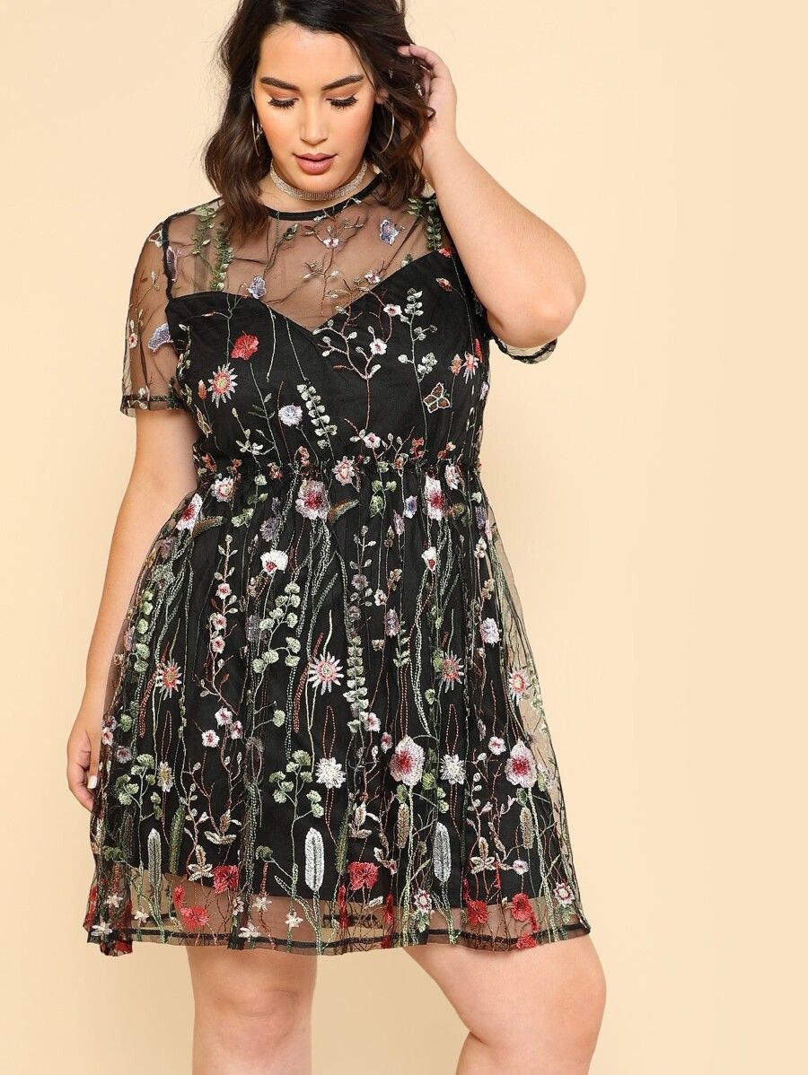 Botanical Embroidery Mesh Overlay Fit & Flare Dress | SHEIN