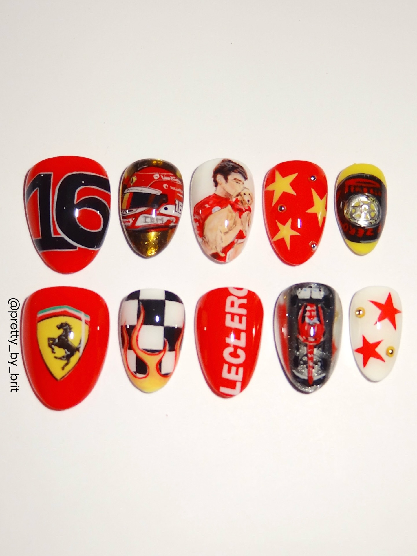 @charles_leclerc on a nail for @f1 season - designed by my amazing client🏎️❤️‍🔥🏁

Products & codes:

@chaunlegendnails discount code PRETTYBYBRIT
🤍Can’t Elope
🫧Non Wipe Top Coat

@madam_glam discount code BRIT35
❤️Legacy
💛Bright Honey
