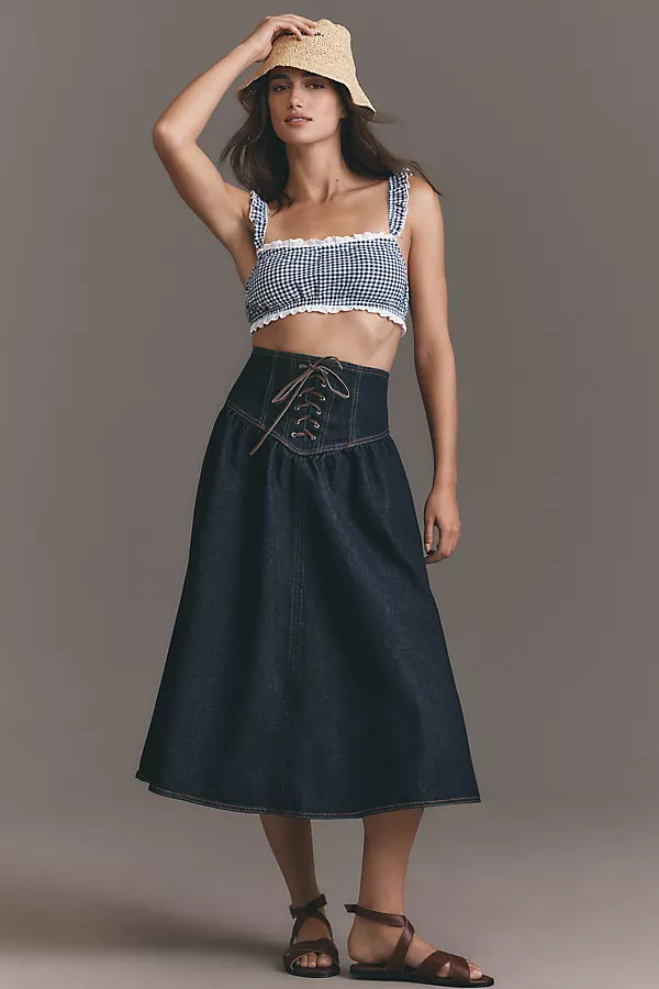 Pilcro Lace-Up Drop-Waist Denim Midi Skirt | Anthropologie (US)
