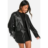 Womens Fringe Detail Faux Leather Belted Jacket - Black - 4 | boohoo (US & Canada)