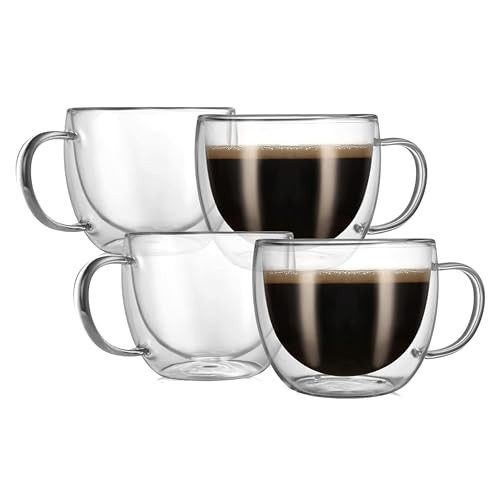 CNGLASS 8oz Double Wall Glass Coffee Mugs,Clear Insulated Espresso Glass Mugs with Handle for Latte,Cappuccino,Coffee,Set of 4 | Amazon (US)