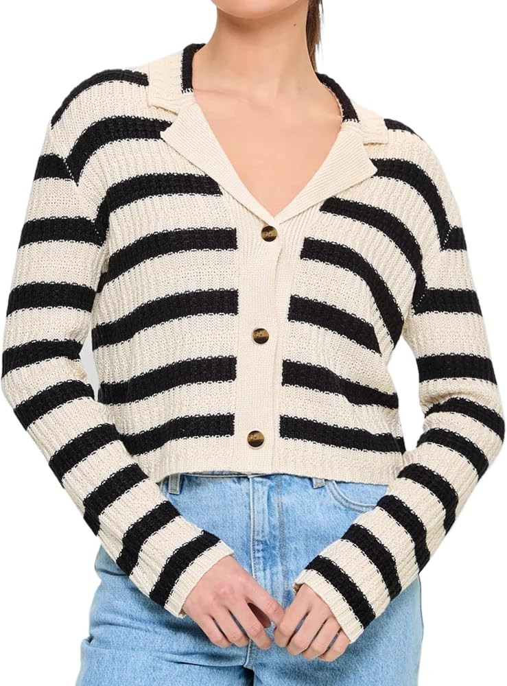 Womens Striped Cardigan Sweaters Cropped Open Front Button Down Lapel Long Sleeve Knit Loose Fall... | Amazon (US)