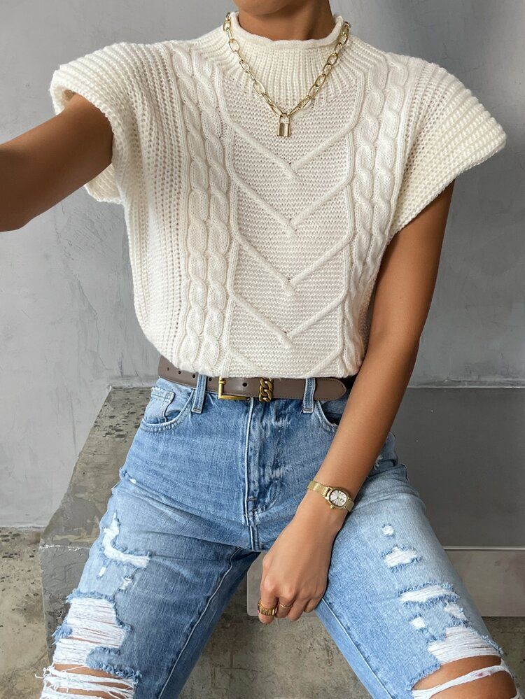 Mock Neck Cable Knit Sweater Vest | SHEIN