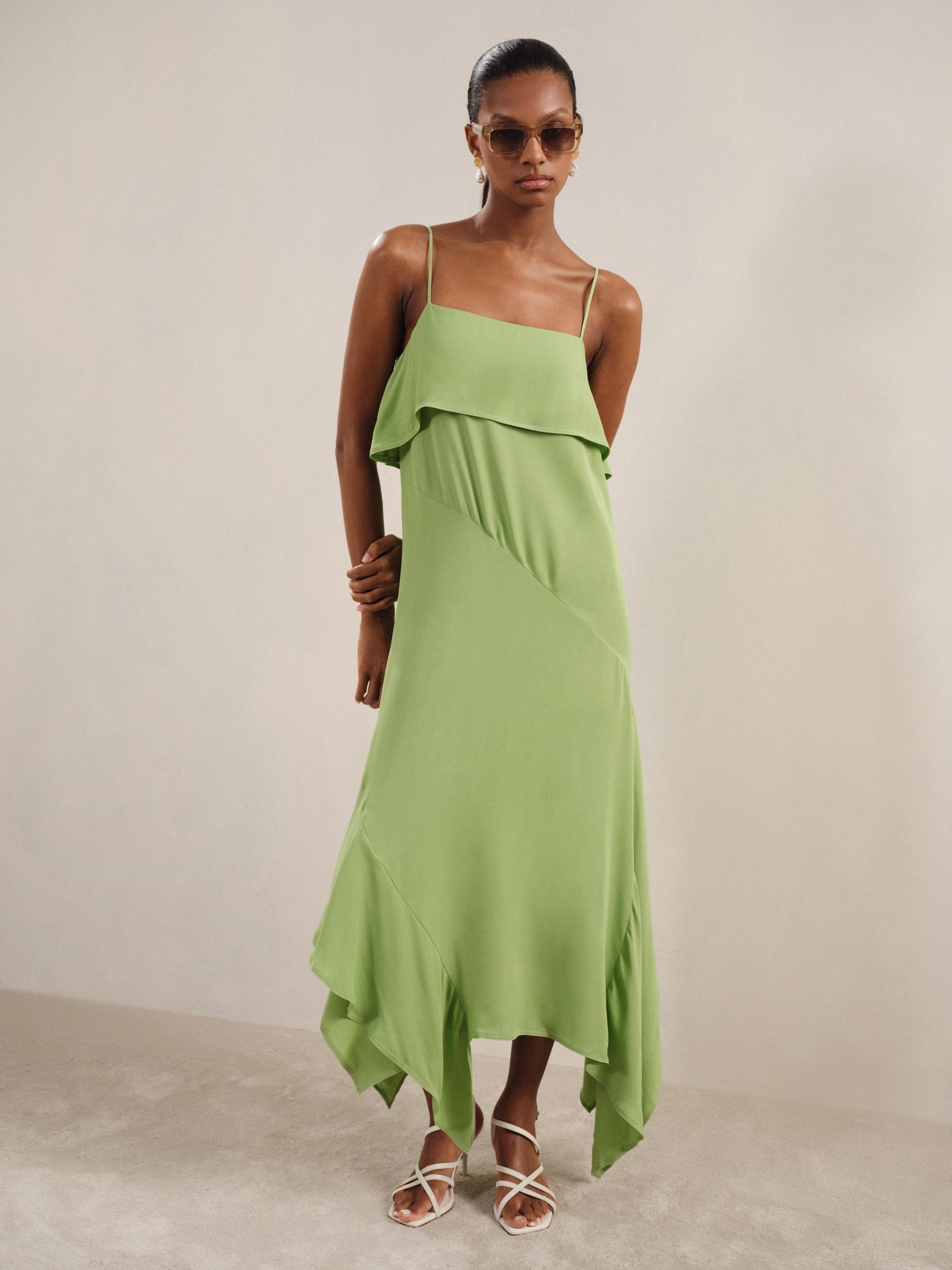 Reiss Ruffle-Detail Midi Dress in Green - REISS | Reiss UK