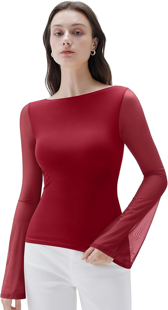 SUUKSESS Women Mesh Sheer Bell Sleeve Tops Double Lined Boat Neck Going Out Shirts | Amazon (US)