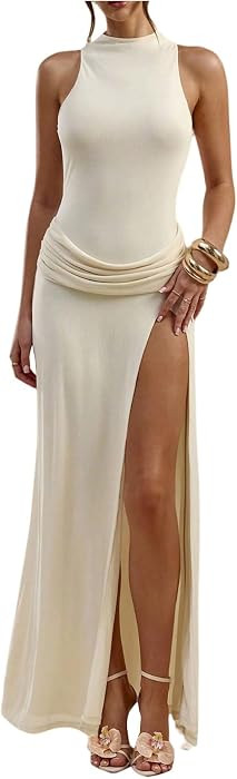 Verdusa Women's Thigh Slit Mesh Dress Ruched Wedding Guest Elegant Sleeveless Long Dress Formal Outfits | Amazon (US)