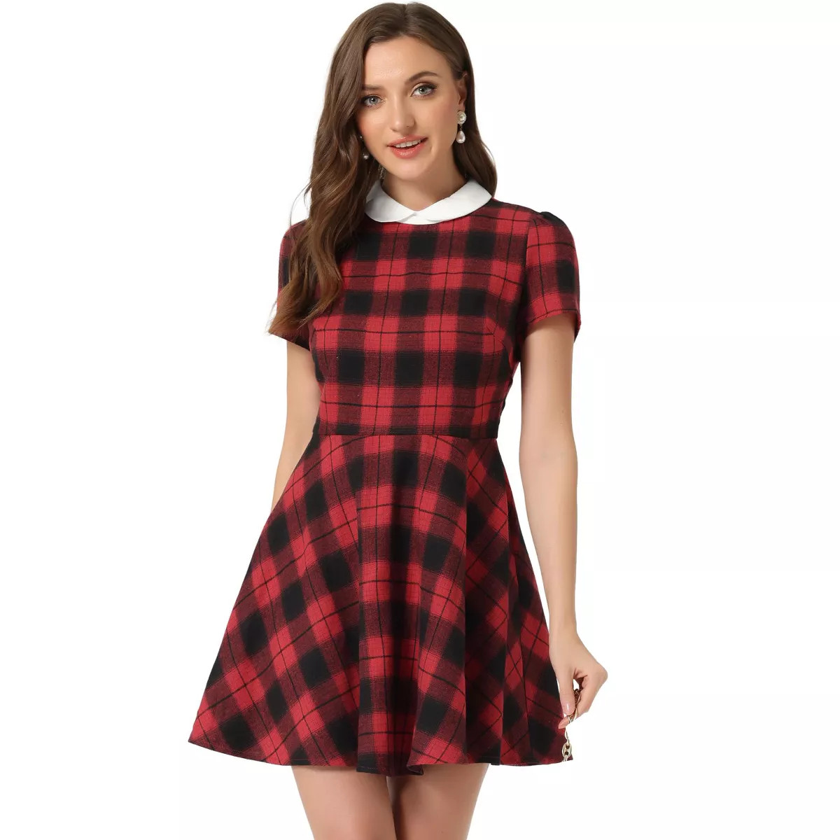 Allegra K Women's Plaid Grid Peter Pan Collar Contrast A-line Dresses | Target