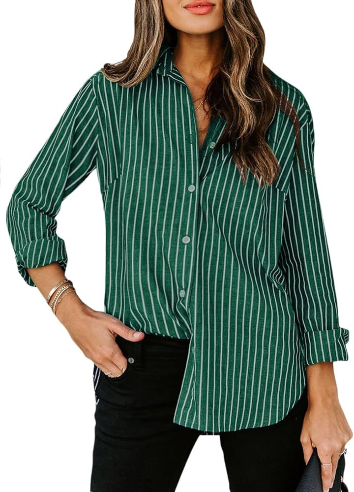 siliteelon Womens Button Down Shirts Cotton Striped Dress Shirt Long Sleeve Collared Office Work ... | Amazon (US)