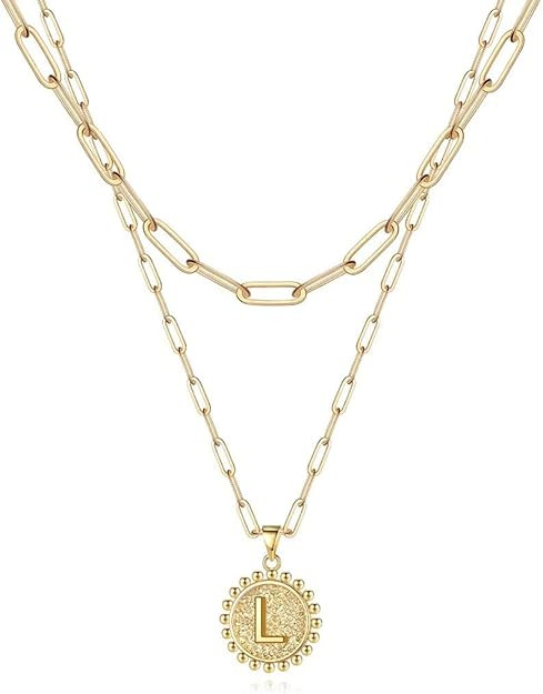 Ursteel Layered Initial Necklaces for Women - 14K Gold Plated Dainty Layering Paperclip Chain Nec... | Amazon (US)