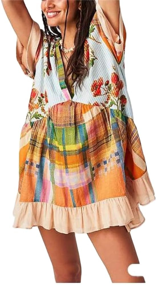 Women’s Boho Mini Dress Y2k Floral Deep V-Neck Puff Sleeve Short Dresses Summer Causal Flowy Be... | Amazon (US)