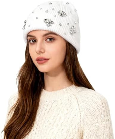 BOLLEY JOSS Womens Winter Beanies Sparkle Crystal Rhinestone Cuffed Knitted Beanie Hats | Amazon (US)