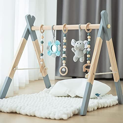 Wooden Baby Play Gym Foldable Baby Play Gym Frame Activity Gym Hanging Bar with 5 Gym Baby Toys N... | Amazon (US)