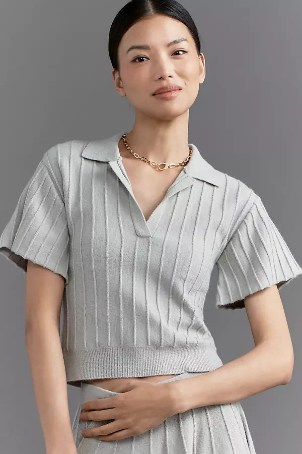 Maeve Short-Sleeve Collared V-Neck Ribbed Sweater | Anthropologie (US)