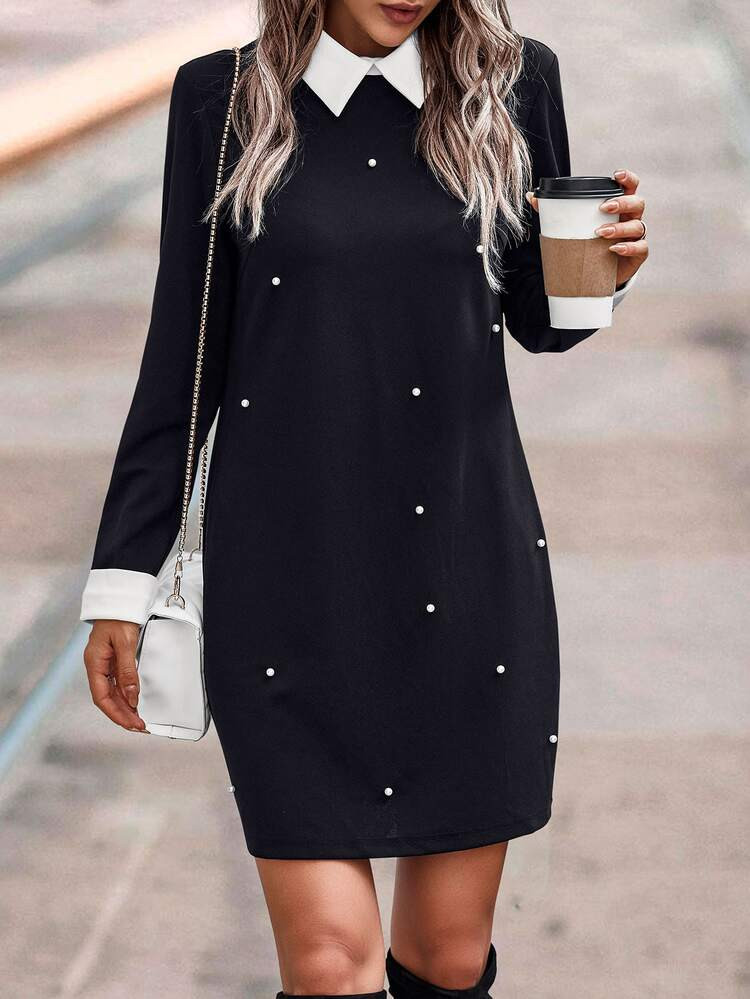 Contrast Collar Pearls Beaded Dress | SHEIN