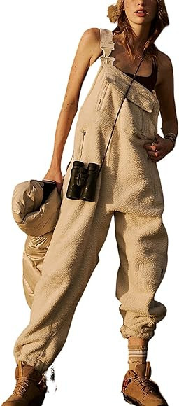 Jawmeu Warm Fleece Overalls for Women Winter Fuzzy Jumpsuits Adjustable Strap Sleeveless Fluffy P... | Amazon (US)