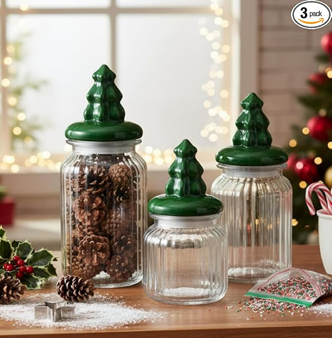Mimorou 3 Set Christmas Glass Jars with Lids 44oz 33oz 22oz Ceramic Christmas Tree Candy Jars Air... | Amazon (US)