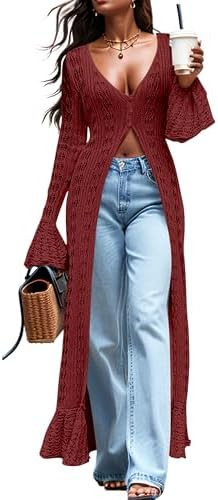 Maxi Long Cardigan Sweaters for Women Lightweight Crochet Bell Long Sleeve Ruffle Summer Beach Co... | Amazon (US)