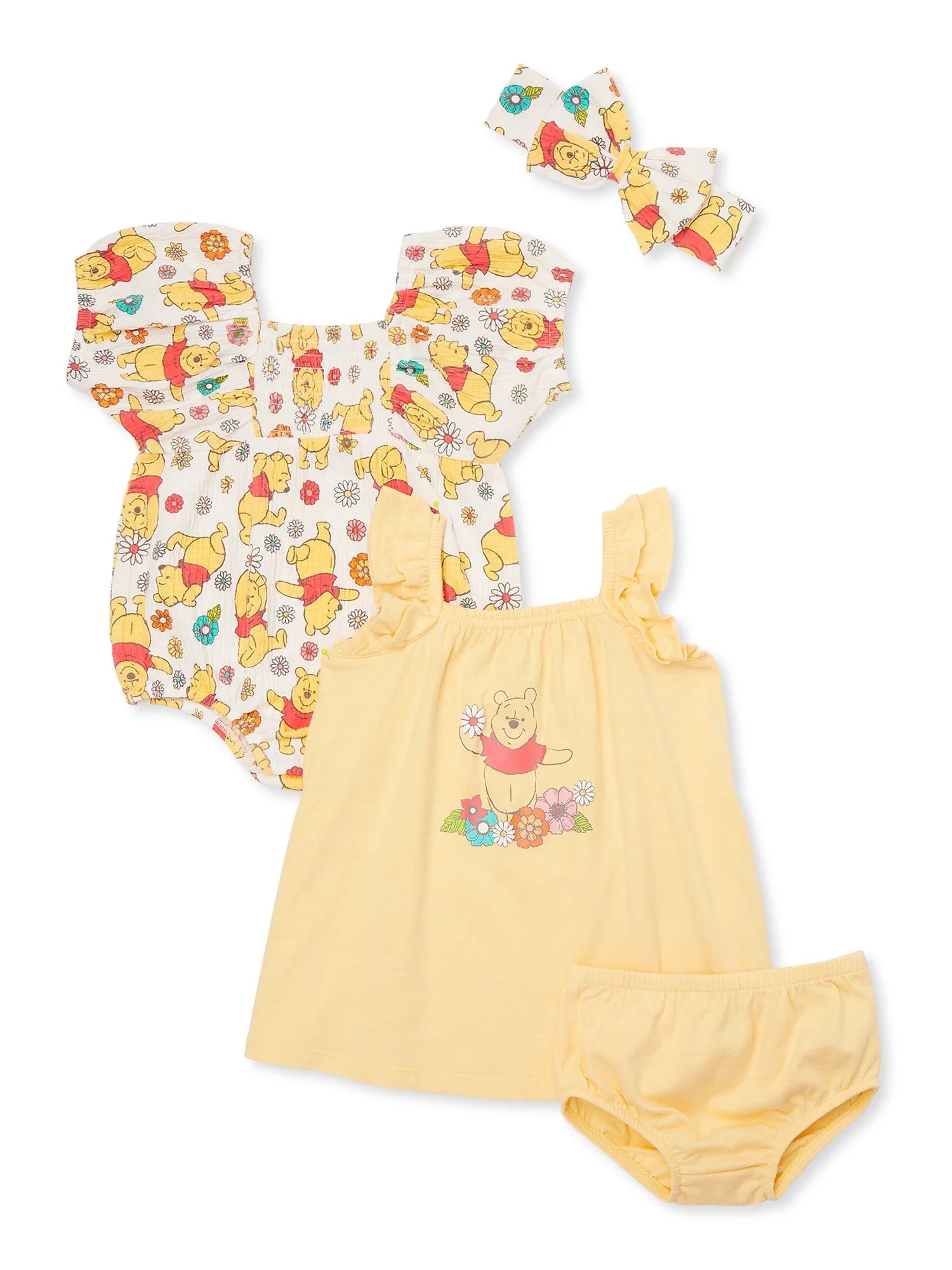 Winnie the Pooh Baby Girl Sundress, Romper and Diaper Cover Outfit Set with Headband, Sizes 0/3M-... | Walmart (US)