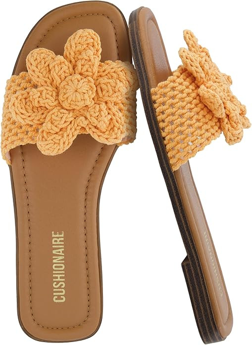 CUSHIONAIRE Gemma Knit Flat Slides for Women, Square Toe Sandals with Woven Flower Detail and Mem... | Amazon (US)