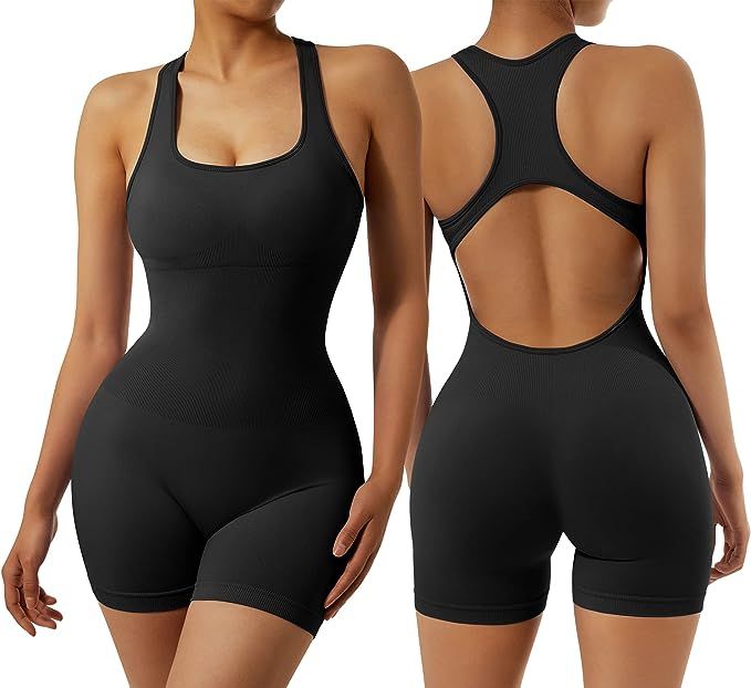 RXRXCOCO Women's Sexy Sleeveless Yoga Jumpsuits Shorts Bodysuit One Piece Deep Scoop Neck Backles... | Amazon (US)