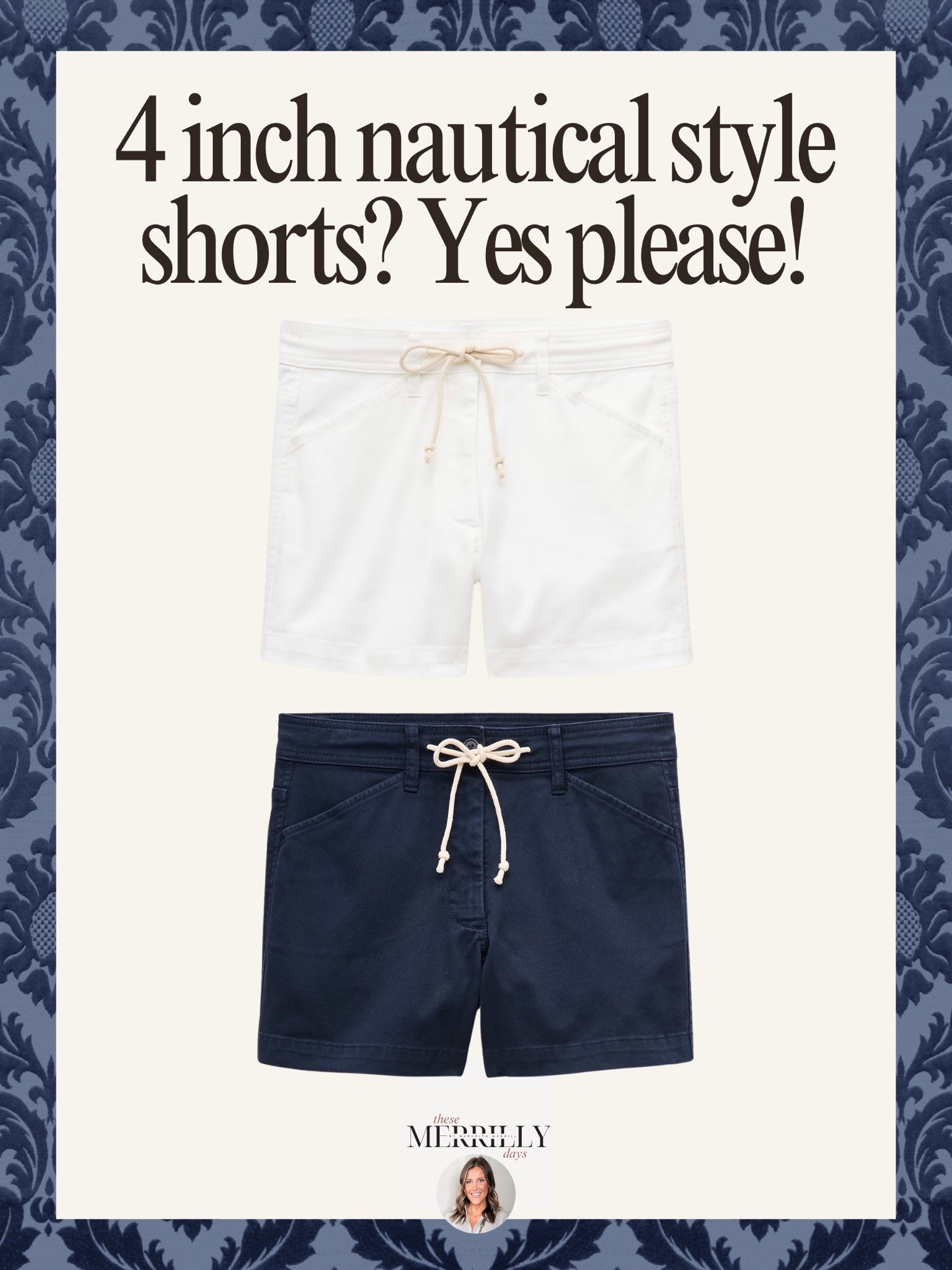 These 4 inch nautical style shorts are giving effortless coastal summer style in the best way. I love the relaxed fit, rope tie detail, and classic navy and white colors that make them easy to style with tanks, sweaters, and oversized button downs all season long.

nautical style shorts, coastal summer outfit, navy shorts outfit, white summer shorts, casual summer fashion, beach vacation outfits, preppy summer style, resort wear outfit, old money aesthetic, summer capsule wardrobe, coastal chic fashion, classic summer outfits, women’s summer shorts, effortless summer style, Thesemerrillydays

#LTKootd #LTKSeasonal #LTKTravel