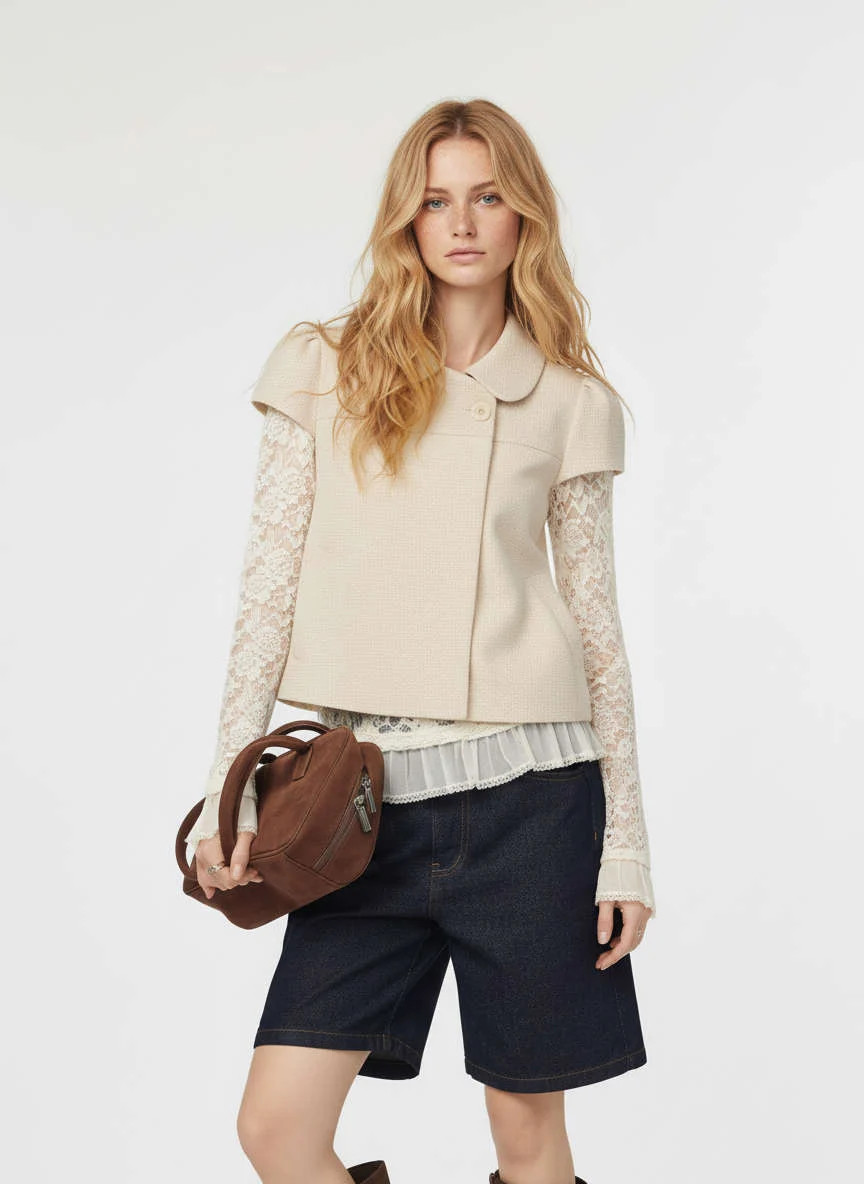Peter Pan Collar Houndstooth Button Short Sleeve Blouse | Cider