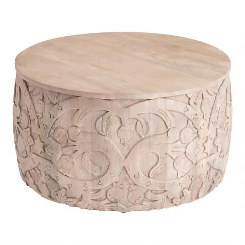 CRAFT Round Natural Carved Wood Botanical Khali Coffee Table | World Market