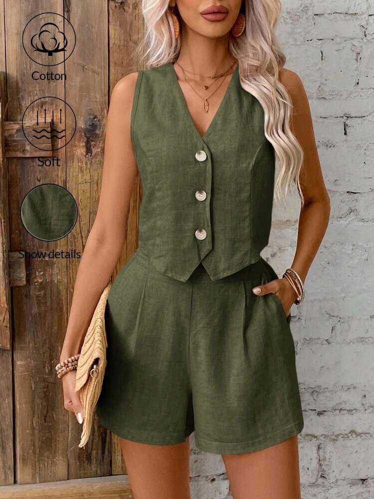 CA$29.08
SHEIN Frenchy 2pcs Women V-Neck Sleeveless Button Blouse And Loose Casual Shorts Set Two Pieces V-Neck Vest Suit In Fall/Winter Green
4.91
(100+)
Size
CA
US 2 (XS)
1 Left
US 4 (S)
US 6 (M)
US 8/10 (L)
Outerwear -Shoulder:29 cmBust:87 cmLength:46/39 cm
Pants -Waist Size:62-94 cmHip Size:112 cmLength:36.6 cmInseam:7.5 cm
Size Guide
 93% found it true to size 
Not your size? Tell us
 | SHEIN