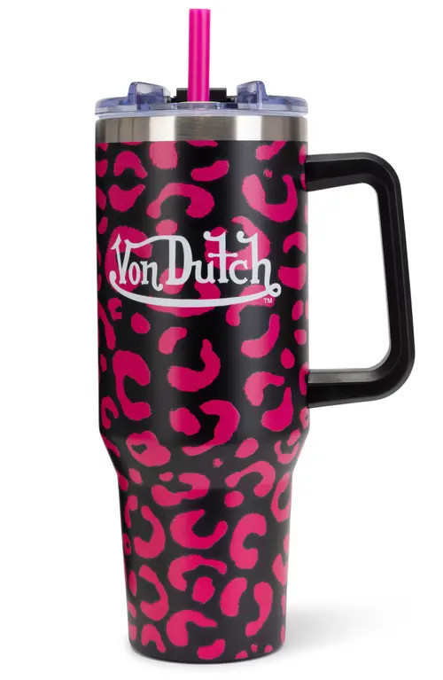 Von Dutch 40oz Double Walled Insulated Stainless Steel Tumbler in Hot Pink Cheetah at Nordstrom | Nordstrom