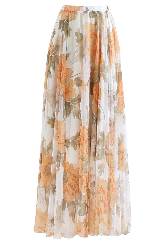 Vibrant Flower Print Chiffon Maxi Skirt in Orange | Chicwish