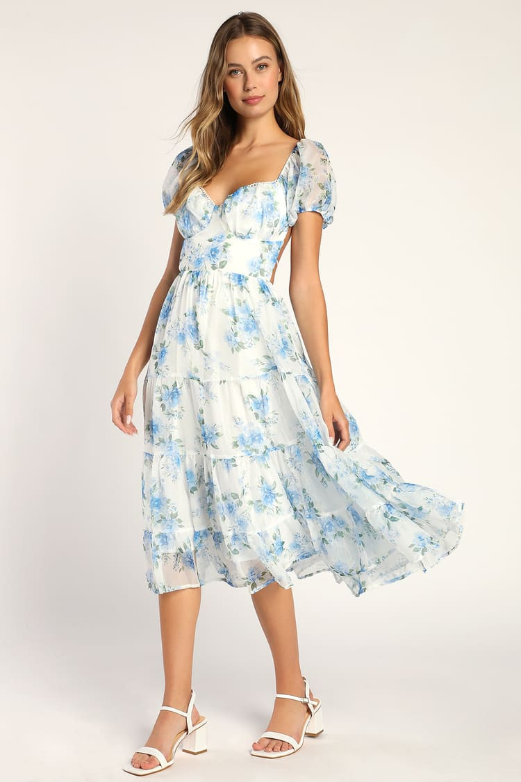 Always Picked First White Floral Print Puff Sleeve Midi Dress | Lulus (US)