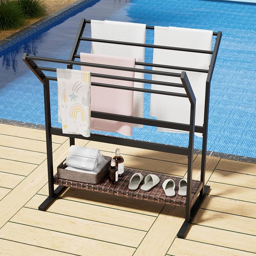 Freestanding Pool Towel Rack, Poolside Storage Organizer with Rattan Shelf, Outdoor Towel Holder ... | Amazon (US)