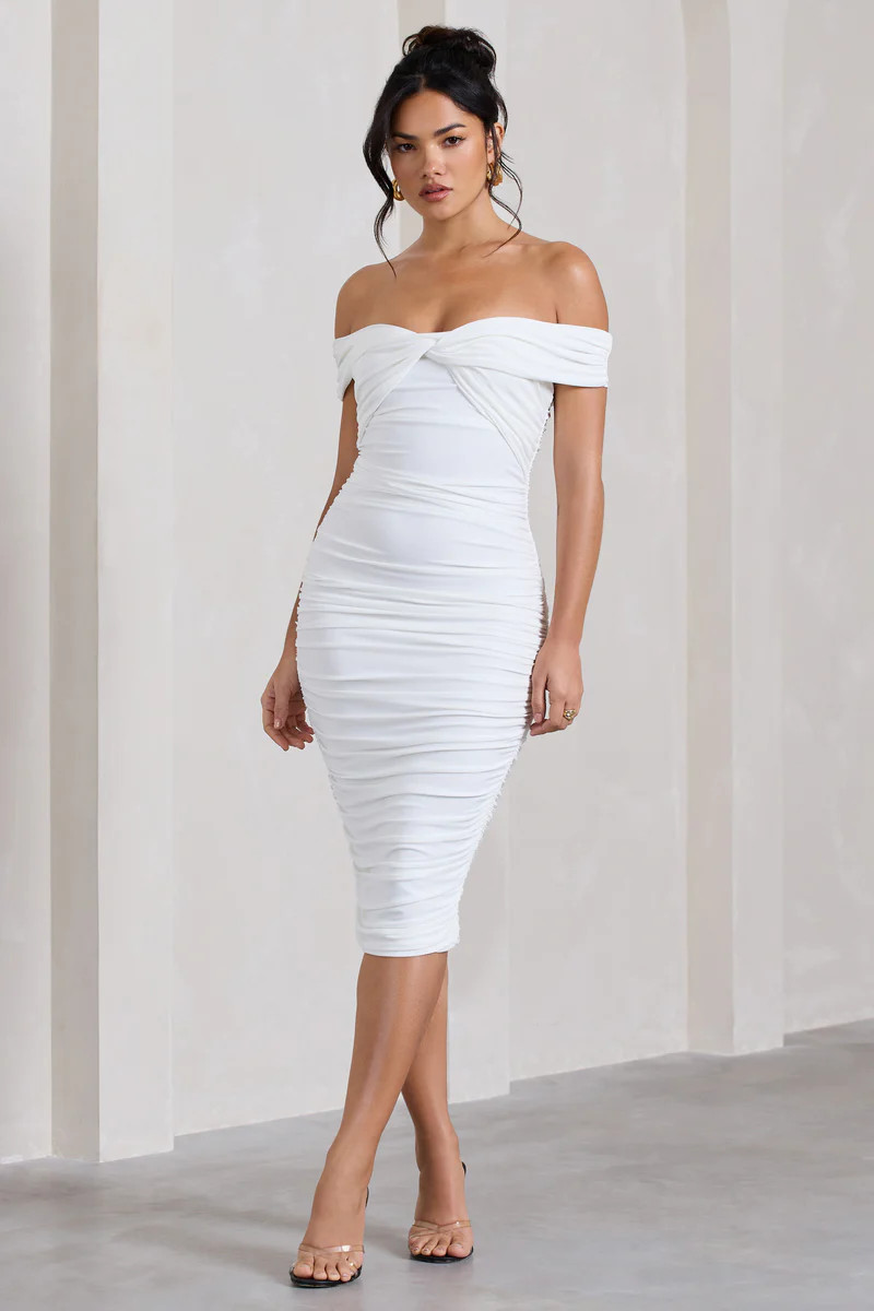 Gratitude | White Off The Shoulder Ruched Midi Dress | Club L London