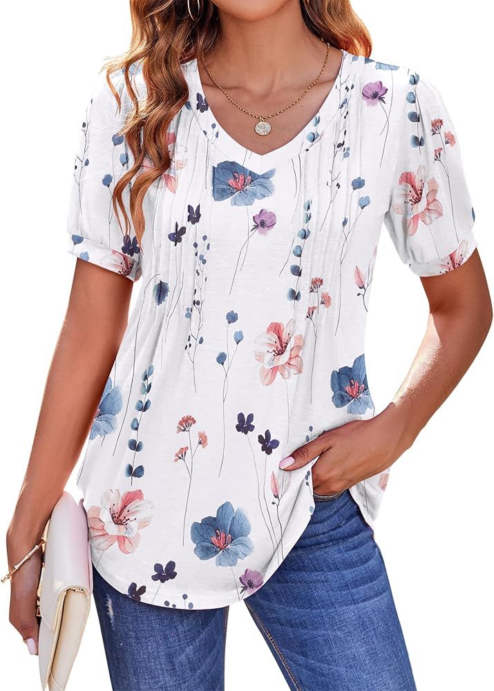 Zeagoo Women's Puff Short Sleeve Boho Shirts Casual V Neck Floral Solid Summer Blouse Pleated Cas... | Amazon (US)